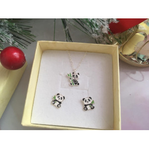 Pandamaci bambuszággal gyerek ezüst ékszer szett, stift