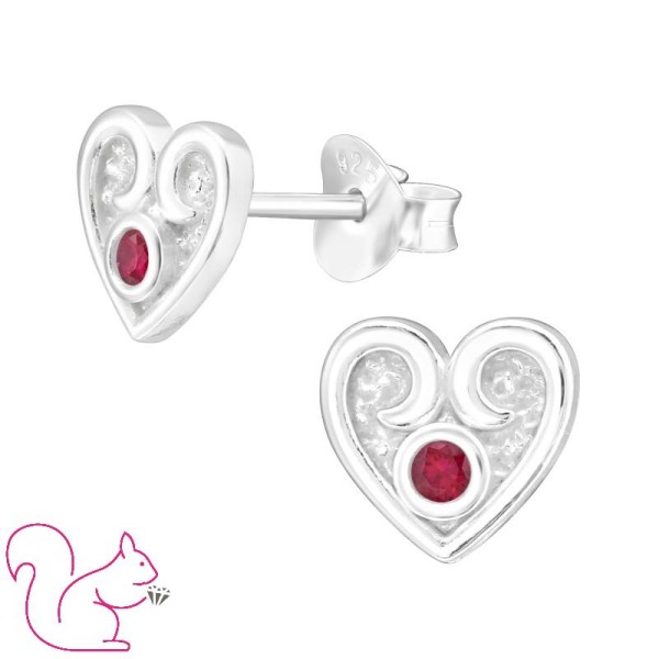 Piros köves szíves ezüst fülbevaló, 1 pár Piros köves szíves ezüst fülbevaló, 1 pár