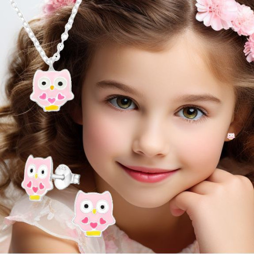 Bagoly nyaklánc és stift fülbevaló ezüst gyermek kislány ékszer szett