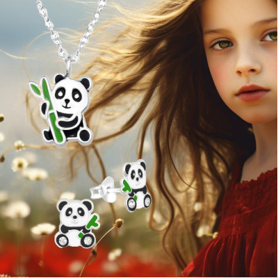 Pandamaci bambuszággal gyerek ezüst ékszer szett, stift