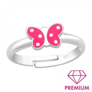 Pink fehér pöttyös lepkés  925 ezüst prémium gyerek gyűrű, állítható