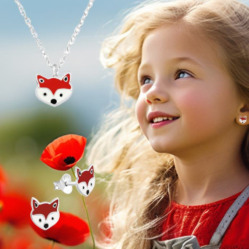 Rókás gyerek nyaklánc és stift fülbevaló ezüst ékszer szett