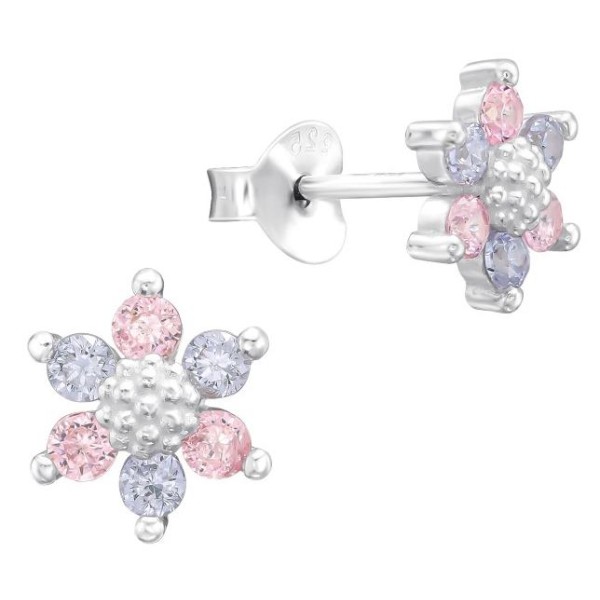 Színes lila, rózsaszín szirmos, virág ezüst fülbevaló, 1 pár stift Színes lila, rózsaszín szirmos, virág ezüst fülbevaló, 1 pár stift