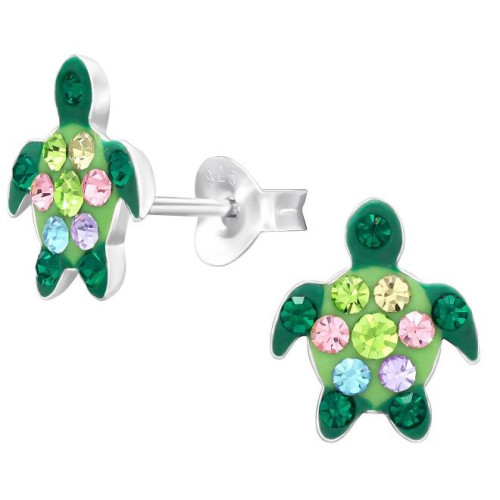 Zöld Teknősbéka gyerek fülbevaló, színes köves ezüstgyerek fülbevaló