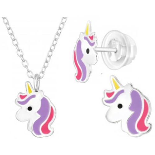 Lila Pink Unikornis Prémium Gyerek Ezüst ÉkszerSzett - Nyaklánc + Stift Fülbevaló