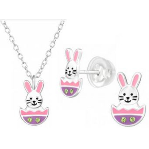 Húsvéti Nyuszis Prémium Gyerek Ezüst ÉkszerSzett - Nyaklánc + Stift Fülbevaló