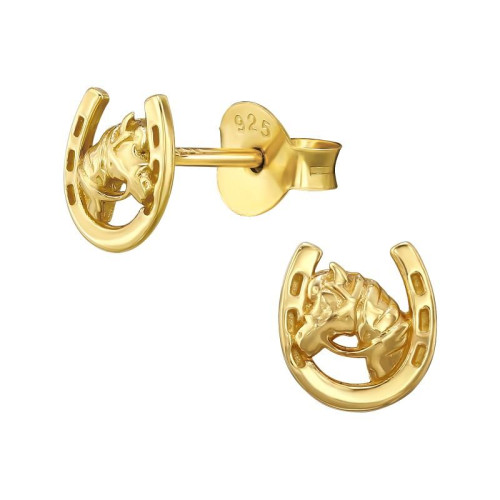 Patkós ló és patkó lovas ezüst kislány fülbevaló, 24k aranyozott