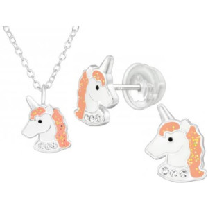 Egyszarvú fej kristállyal, stift fülbevaló és nyaklánc prémium ezüst gyerek ékszer szett, barack színű