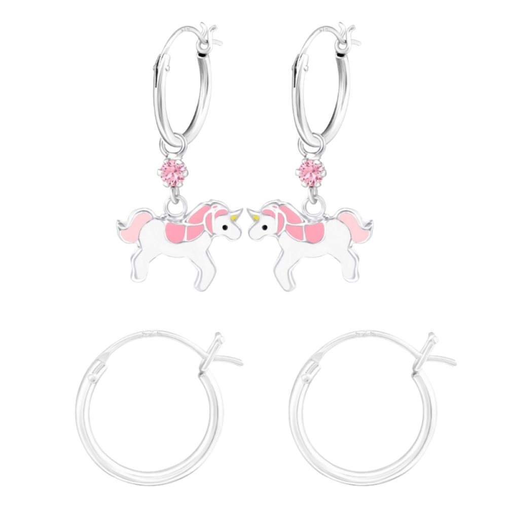 Kristály egyszarvú patentos karika gyerek fülbevaló, pink