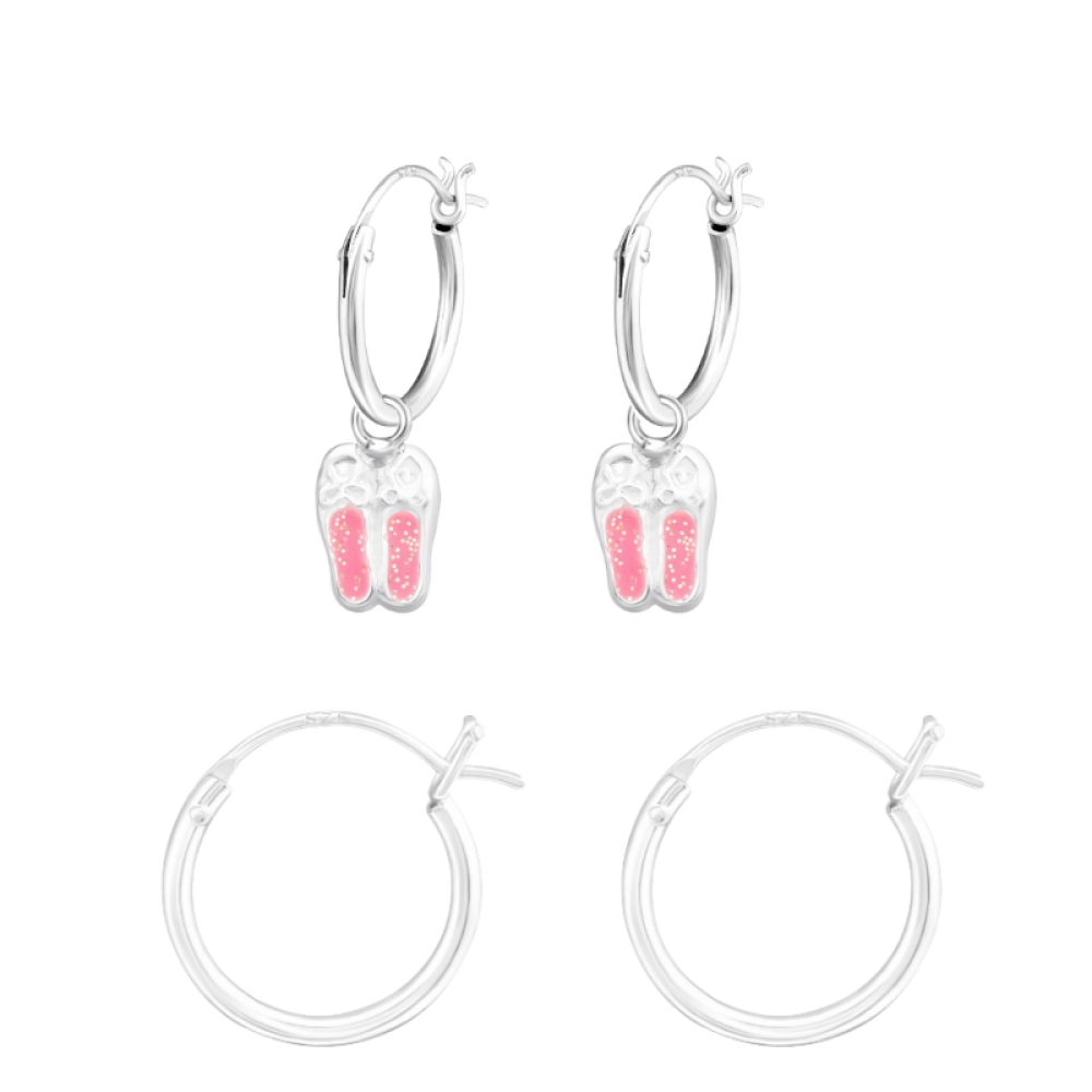 Pink csillámos balerina kislány cipő ezüst patentos karika fülbevaló Pink csillámos balerina kislány cipő ezüst patentos karika fülbevaló