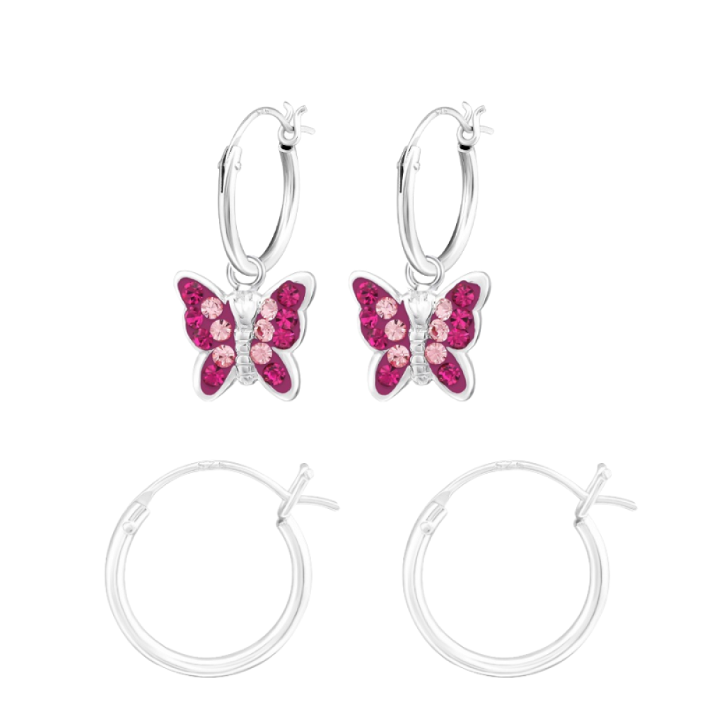 Pillangós kristály ezüst gyerek prémium patentos karika fülbevaló, pink Pillangós kristály ezüst gyerek prémium patentos karika fülbevaló, pink