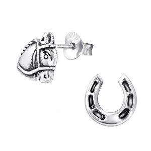 Lófej és Patkó ezüst gyerek fülbevaló, oxidált szett