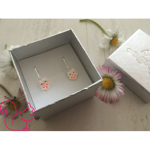 Rózsaszín bagoly akasztós kislány fülbevaló, ezüst