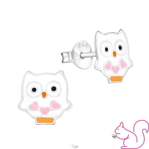 Bagoly kislány fülbevaló, ezüst, fehér