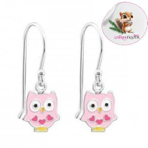 Rózsaszín bagoly akasztós kislány fülbevaló, ezüst