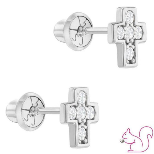 Kereszt csavaros babakislány fülbevaló keresztelőre, 14k fehér arany