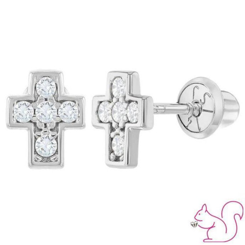 Kereszt csavaros babakislány fülbevaló keresztelőre, 14k fehér arany