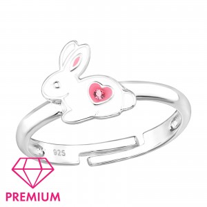 Nyúl rózsaszín szívvel állítható gyerek prémium ezüst gyűrű