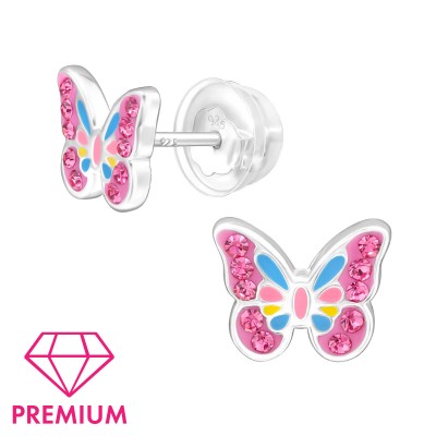 Pink pillangó prémium kristály ezüst stift gyerek fülbevaló, 1 pár