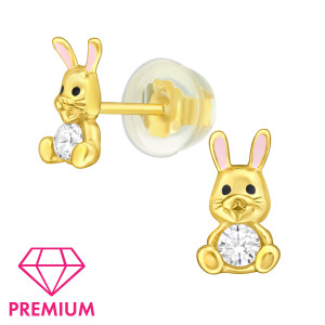 Nyuszi gyerek prémium stift fülbevaló 925 ezüst, 24k aranyozott