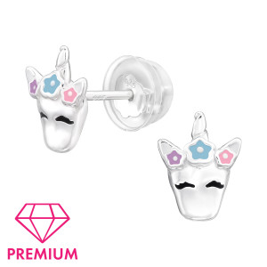 Egyszarvú fej virággal gyerek prémium stift fülbevaló 925 ezüst