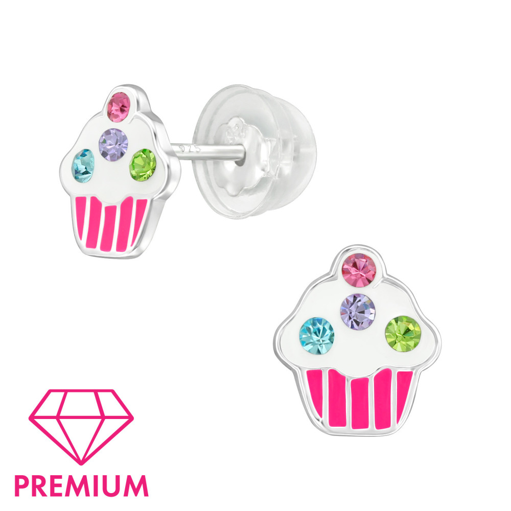 cupcake, muffin, kristályokkal gyerek prémium stift ezüst fülbevaló