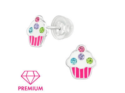 cupcake, muffin, kristályokkal gyerek prémium stift ezüst fülbevaló