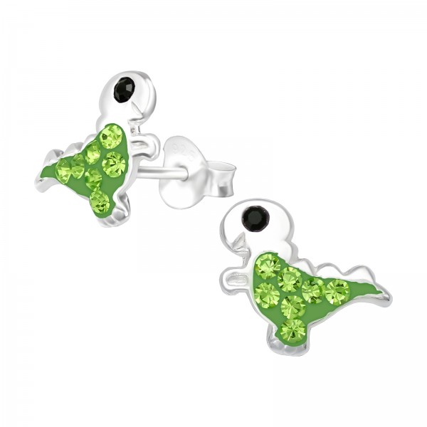 T-rex, zöld, ezüst fülbevaló, 1 pár zöld kristályos