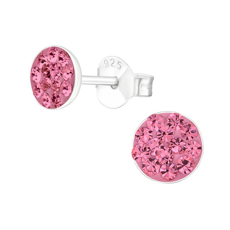 Pink kerek lapos gyerek fülbevaló, stift, kristály, 925 ezüst