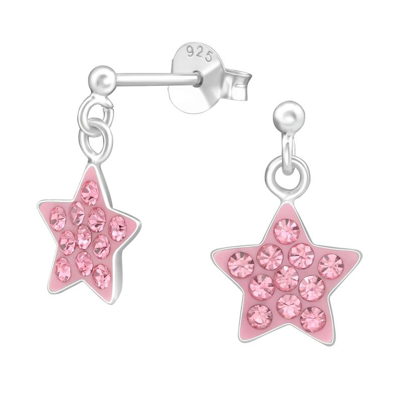 Lógó pink csillag gyerek fülbevaló, stift, kristály, 925 ezüst