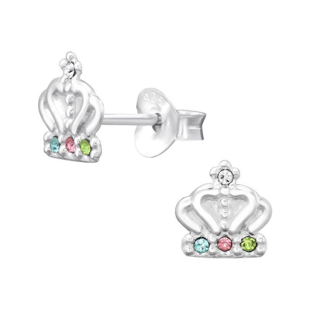 Korona színes kövekkel gyerek fülbevaló, stift, kristály, 925 ezüst
