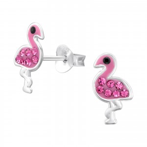 Pink flamingó gyerek fülbevaló, stift, kristály, 925 ezüst, 1 pár