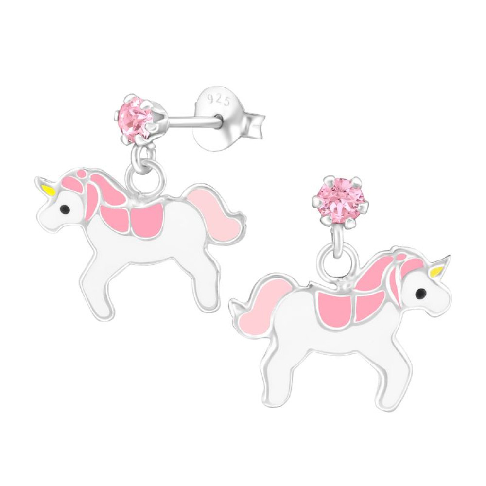 Kristály egyszarvú kislány fülbevaló, bedugós, pink