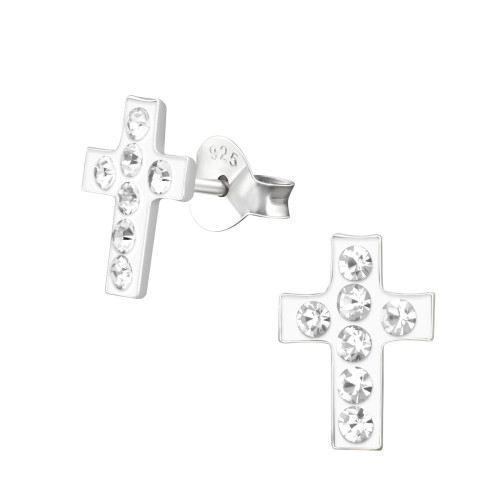 Kereszt gyerek fülbevaló, stift, kristály, 925 ezüst