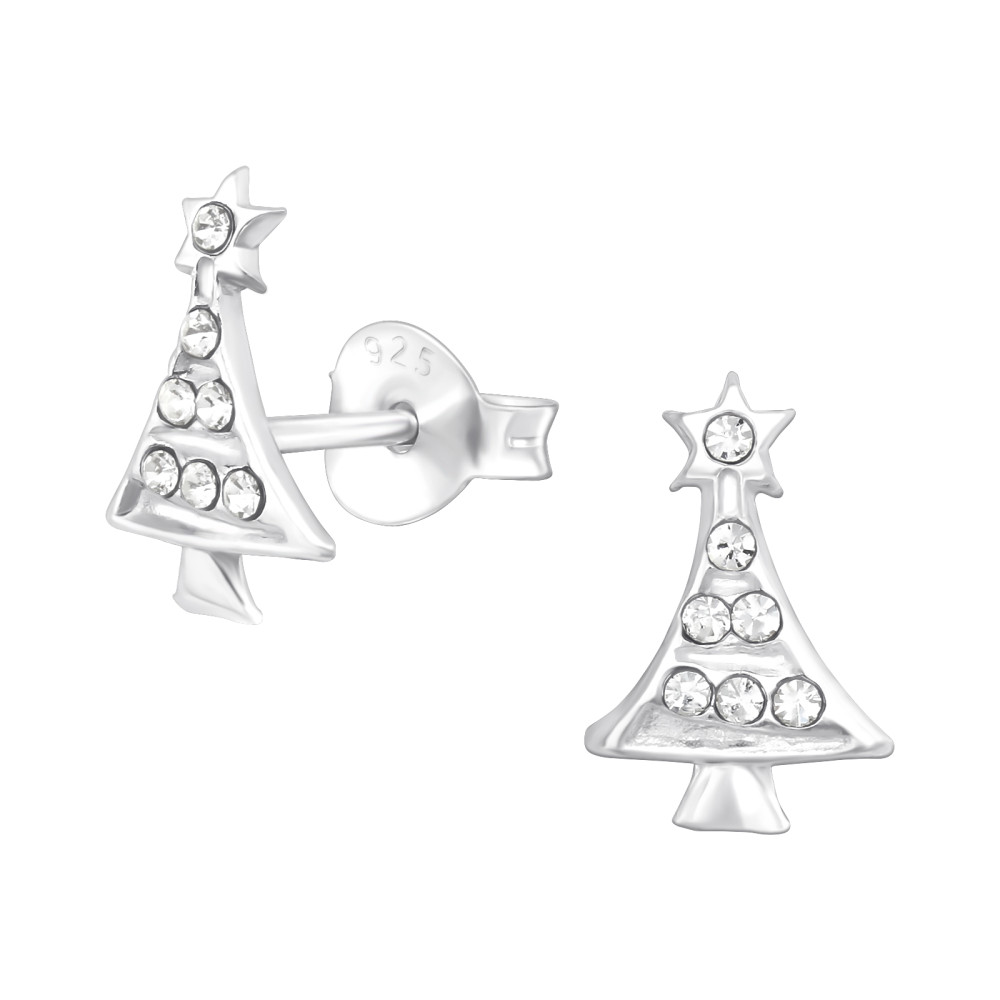 Fehér fenyőfás gyerek fülbevaló, stift, kristály, 925 ezüst