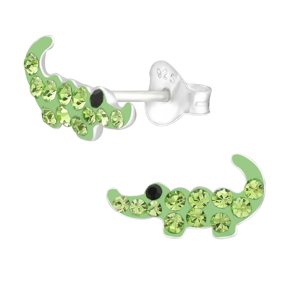 Krokodil gyerek fülbevaló, stift, kristály, 925 ezüst