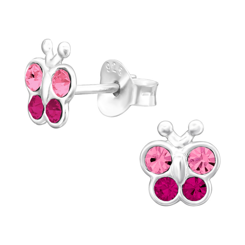 Pink, mályva lepkés gyerek fülbevaló, stift, kristály, 925 ezüst