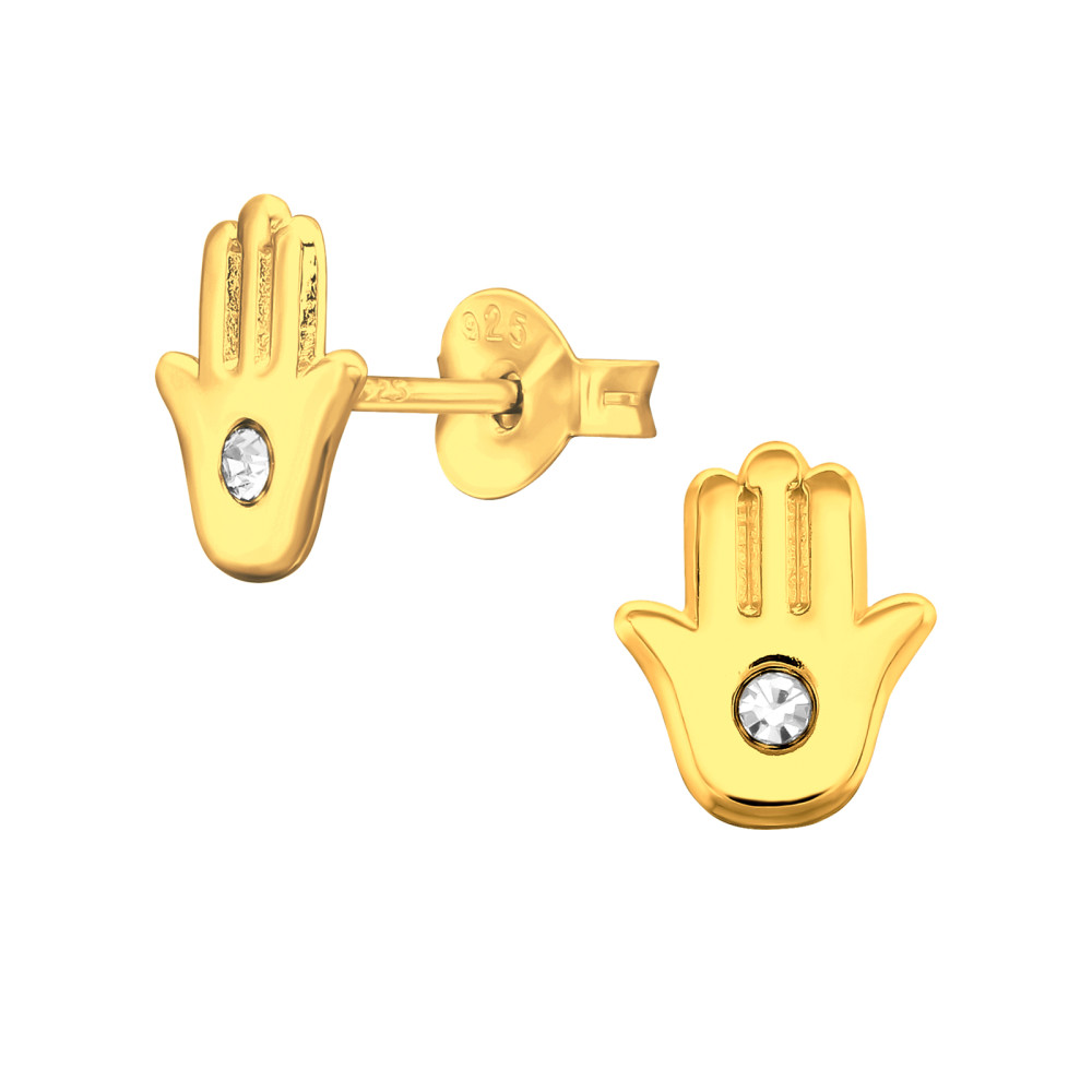 Hamsa kéz aranyozott gyerek fülbevaló, stift, kristály, 925 ezüst