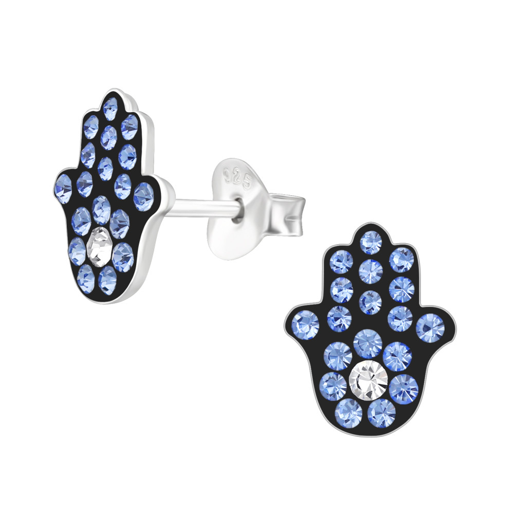 Hamsa kéz gyerek fülbevaló, stift, kristály, 925 ezüst