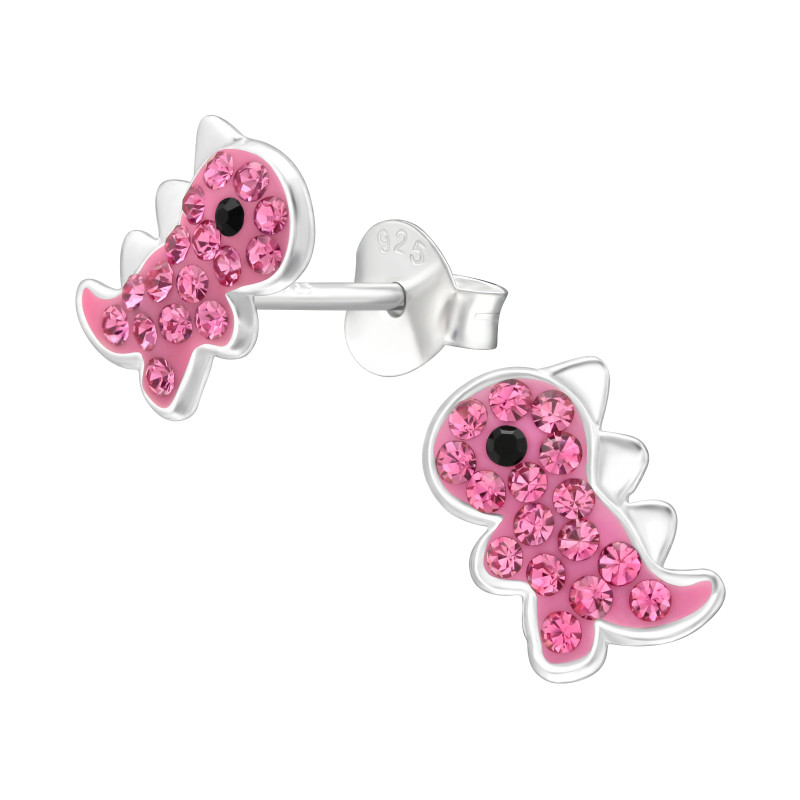 Pink T-rex dínós gyerek fülbevaló, stift, kristály, 925 ezüst