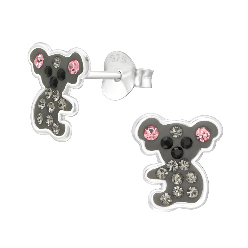 Koala gyerek fülbevaló, stift, kristály, 925 ezüst
