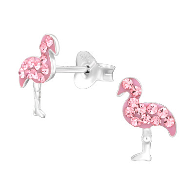 Rózsaszín flamingó gyerek fülbevaló, stift, kristály, 925 ezüst