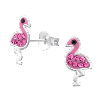Pink flamingó gyerek fülbevaló, stift, kristály, 925 ezüst