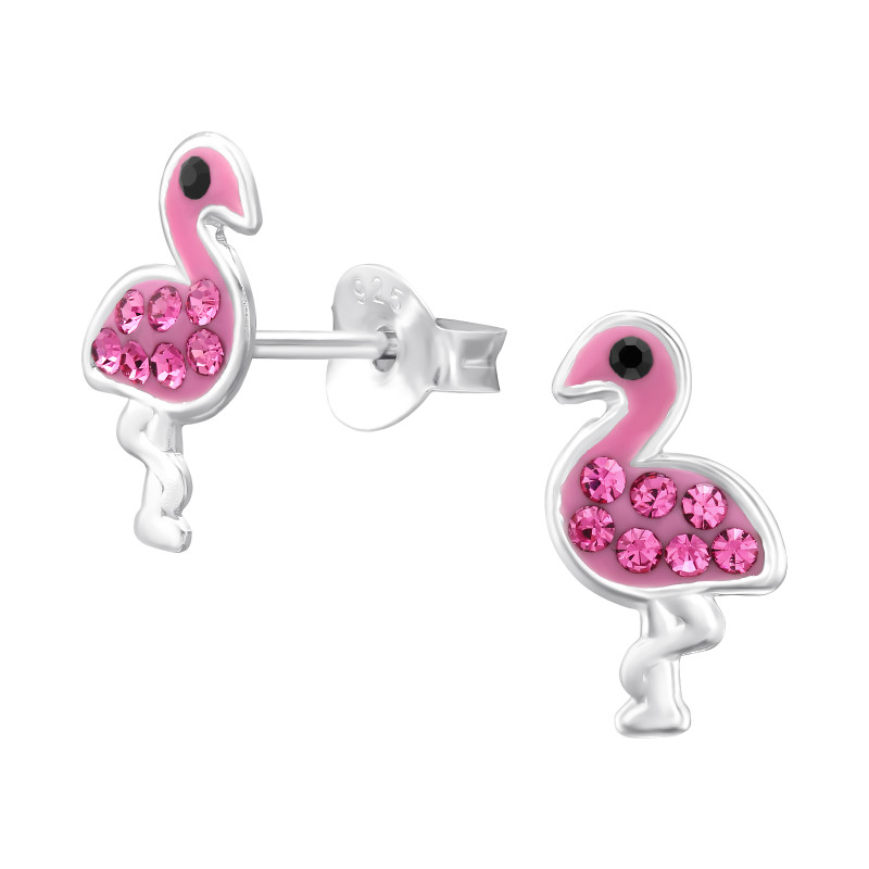 Pink flamingó gyerek fülbevaló, stift, kristály, 925 ezüst
