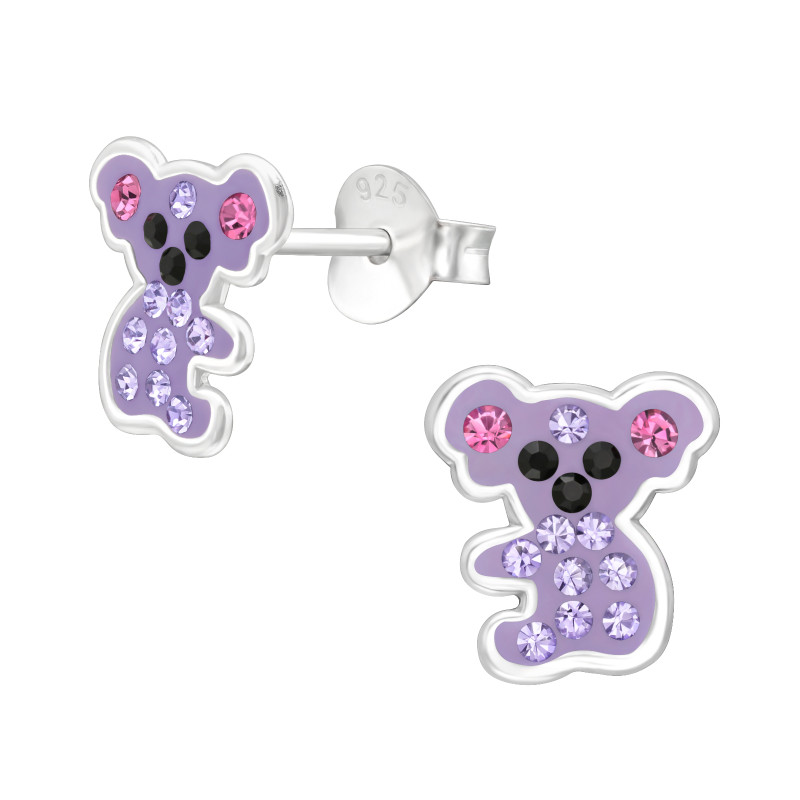 Lila Koala gyerek fülbevaló, stift, kristály, 925 ezüst