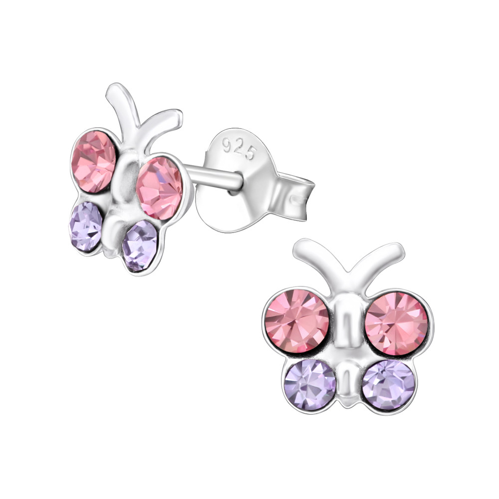 Pillangó, lila, pink kristály gyerek fülbevaló 925 ezüst Pillangó, lila, pink kristály gyerek fülbevaló 925 ezüst