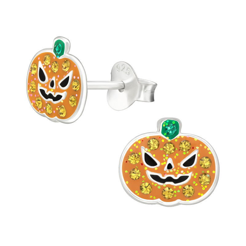 Halloweeni tök gyerek fülbevaló, stift, kristály, 925 ezüst