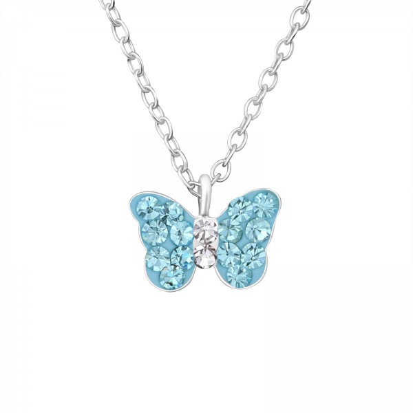 Gyerek ezüst nyaklánc, kék köves pillangó medállal