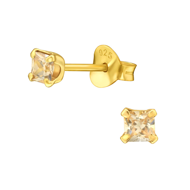 Alap stift négyzetes 24k aranyozott gyerek fülbevaló 925 ezüst - 3mm
