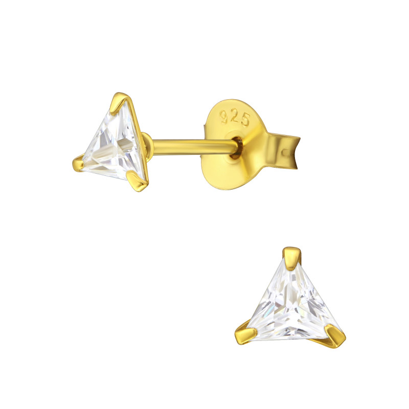 Alap stift hárömszög köves 24k aranyozott kislány fülbevaló 925 ezüst - 4mm